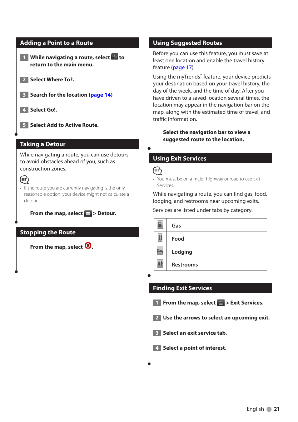 Adding a point to a route, Taking a detour, Stopping the route | Using suggested routes, Using exit services, Finding exit services | Kenwood DNN991HD User Manual | Page 21 / 36