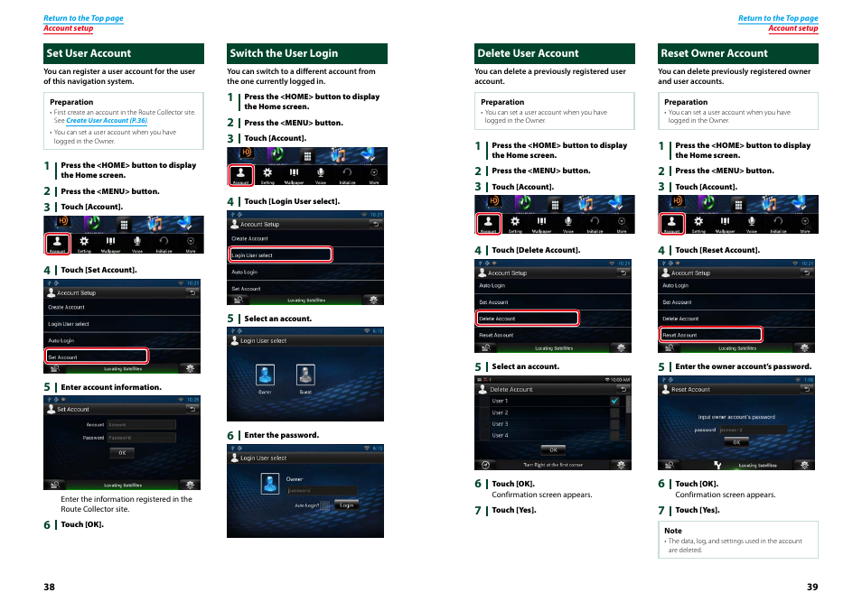 Set user account, Switch the user login, Delete user account | Reset owner account, User account (p.38), Switch the user login (p.38) | Kenwood DNN770HD User Manual | Page 20 / 87