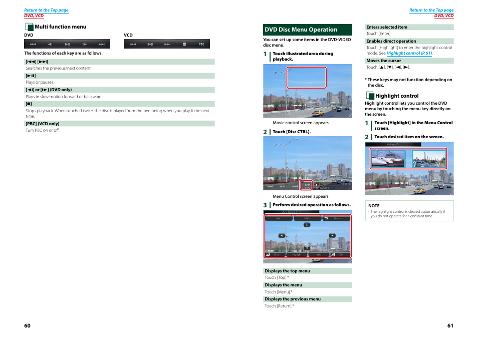 Dvd disc menu operation, Multi function menu (p.60), Multi function | Menu (p.60) | Kenwood DNN770HD User Manual | Page 31 / 87