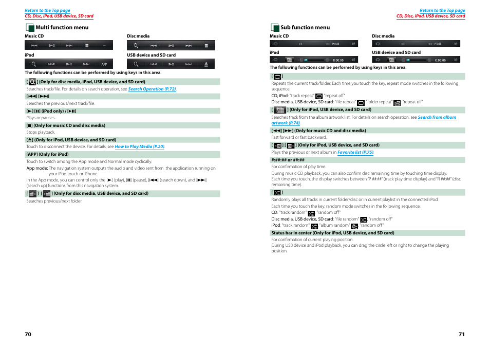 Multi function menu (p.70), Multi, Function menu (p.70) | Sub function, Menu (p.71) | Kenwood DNN770HD User Manual | Page 36 / 87