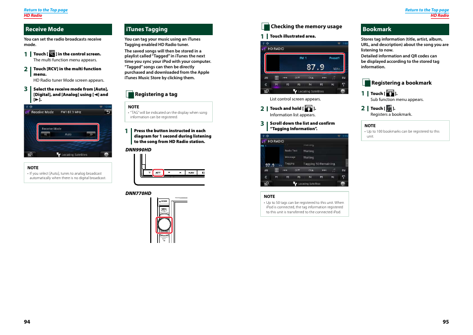 Receive mode, Itunes tagging, Bookmark | Receive mode itunes tagging bookmark, P.94), Or sir, Bookmark (p.95), Receive mode (p.94) | Kenwood DNN770HD User Manual | Page 48 / 87