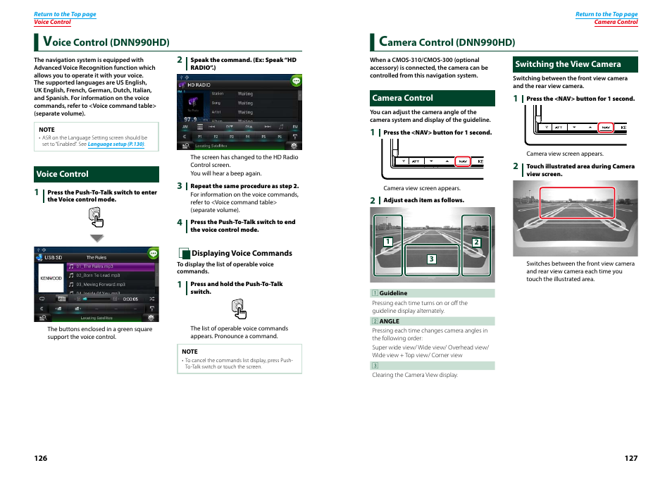 Voice control (dnn990hd), Voice control, Camera control (dnn990hd) | Camera control, Switching the view camera, Camera control (dnn990hd) 127, Camera control switching the view camera | Kenwood DNN770HD User Manual | Page 64 / 87
