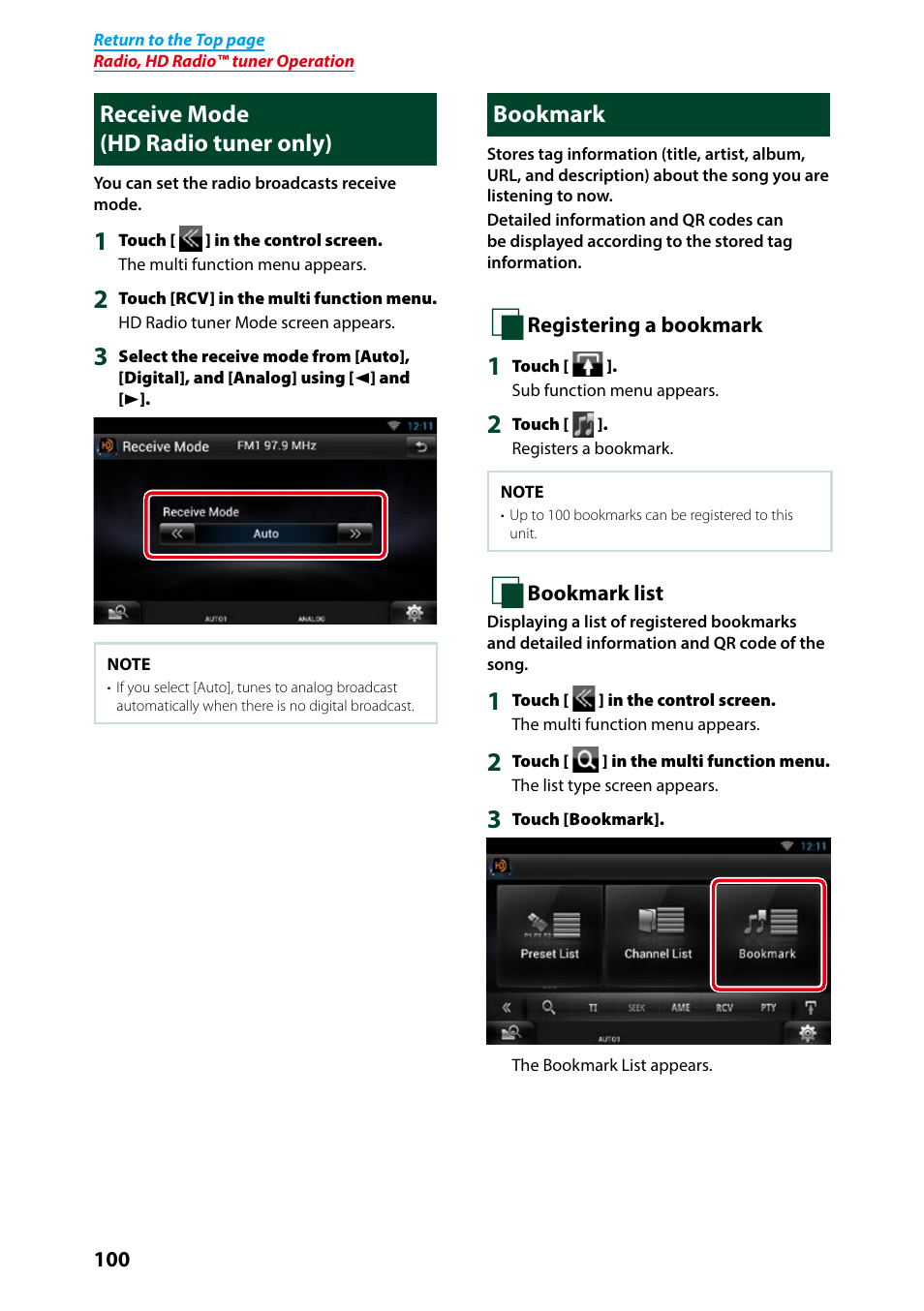 Receive mode (hd radio tuner only), Bookmark, Receive mode (hd radio tuner only) bookmark | Bookmark (p.100), Receive mode (p.100) | Kenwood DNN991HD User Manual | Page 101 / 178