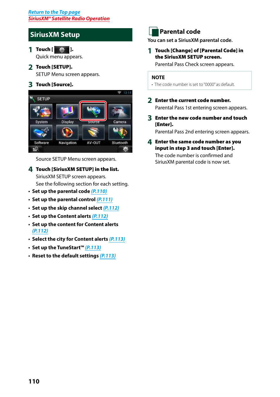 Siriusxm setup, Siriusxm setup (p.110) | Kenwood DNN991HD User Manual | Page 111 / 178