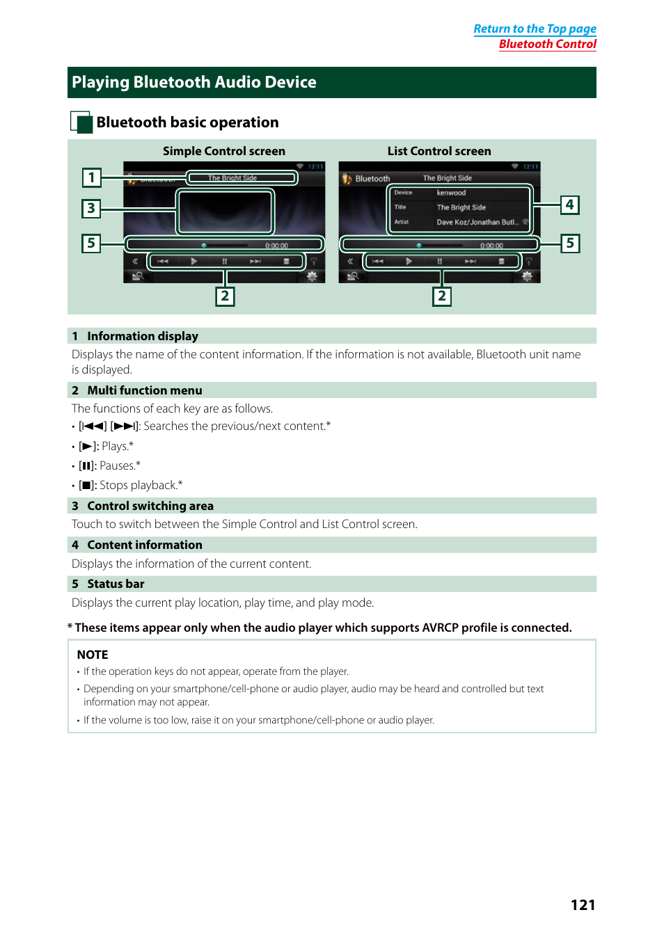 Playing bluetooth audio device, P.121) | Kenwood DNN991HD User Manual | Page 122 / 178