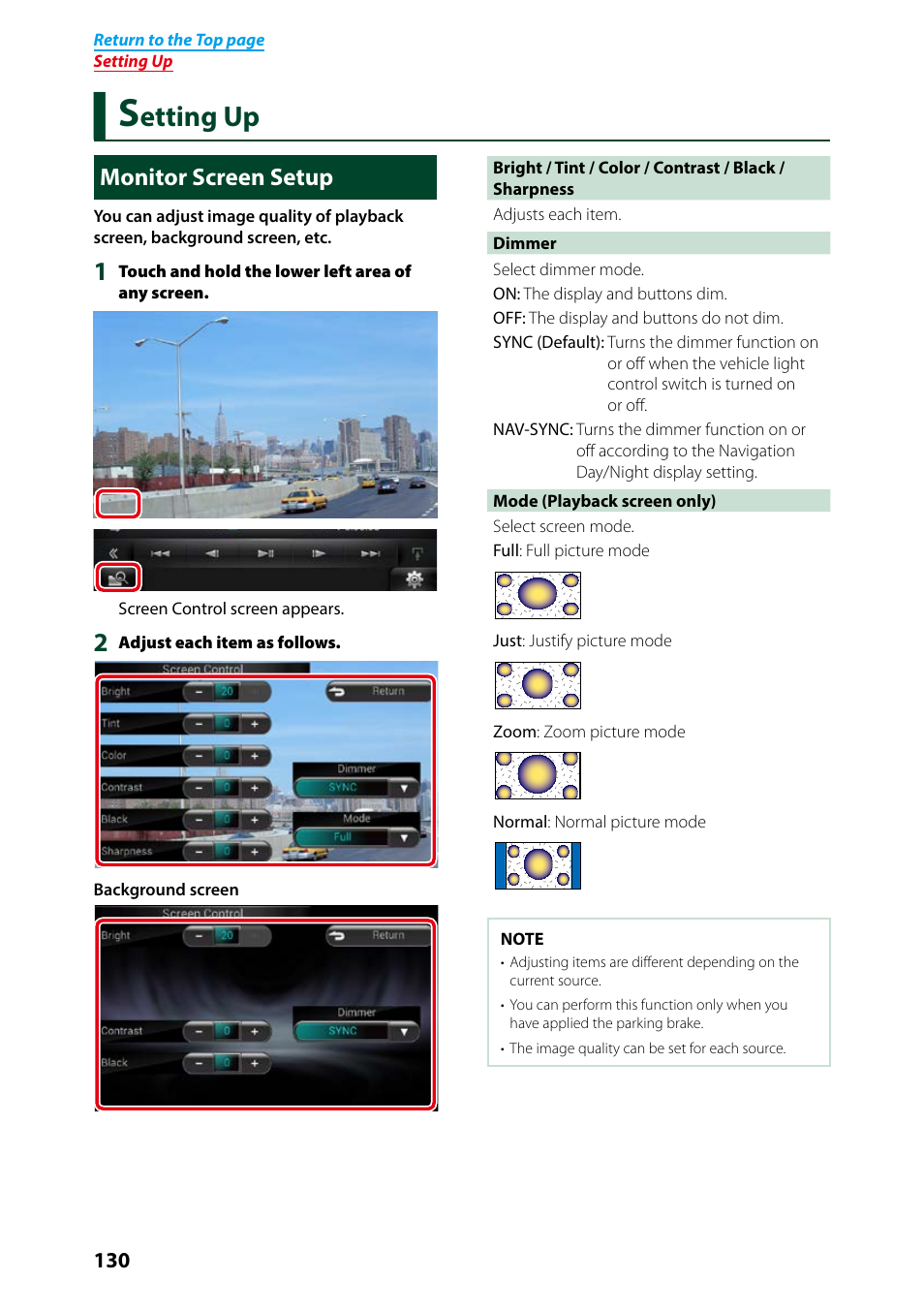 Setting up, Monitor screen setup, Setting up (p.130) | Monitor screen setup (p.130), Etting up | Kenwood DNN991HD User Manual | Page 131 / 178