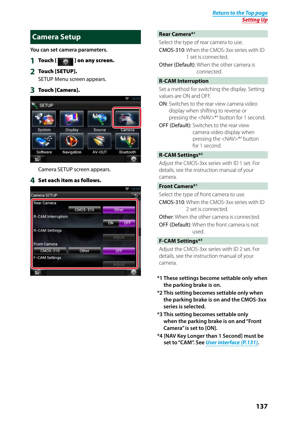 Camera setup, Or details on operation, see, Camera setup (p.137) | Kenwood DNN991HD User Manual | Page 138 / 178
