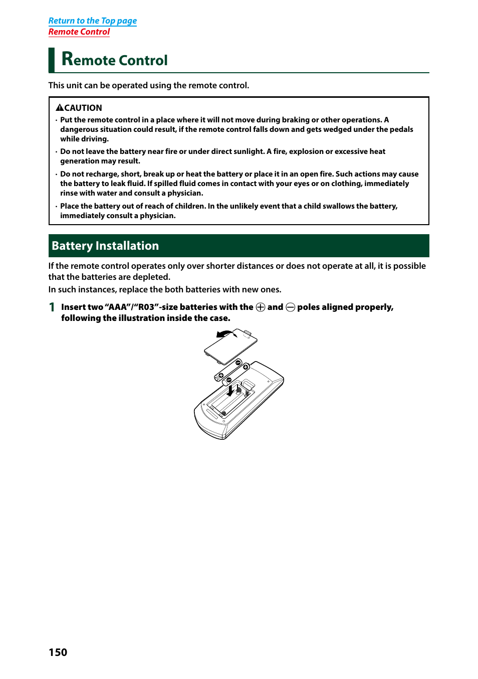 Remote control, Battery installation, Emote control | Kenwood DNN991HD User Manual | Page 151 / 178