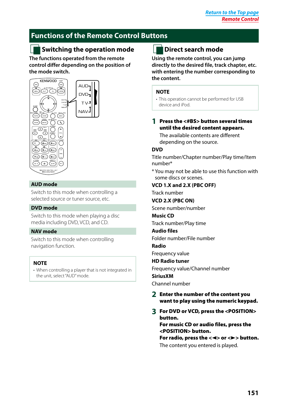 Functions of the remote control buttons, Functions of the remote control buttons _ 151, Switching the operation | Mode (p.151), Direct search mode (p.151), Ting operation, see | Kenwood DNN991HD User Manual | Page 152 / 178
