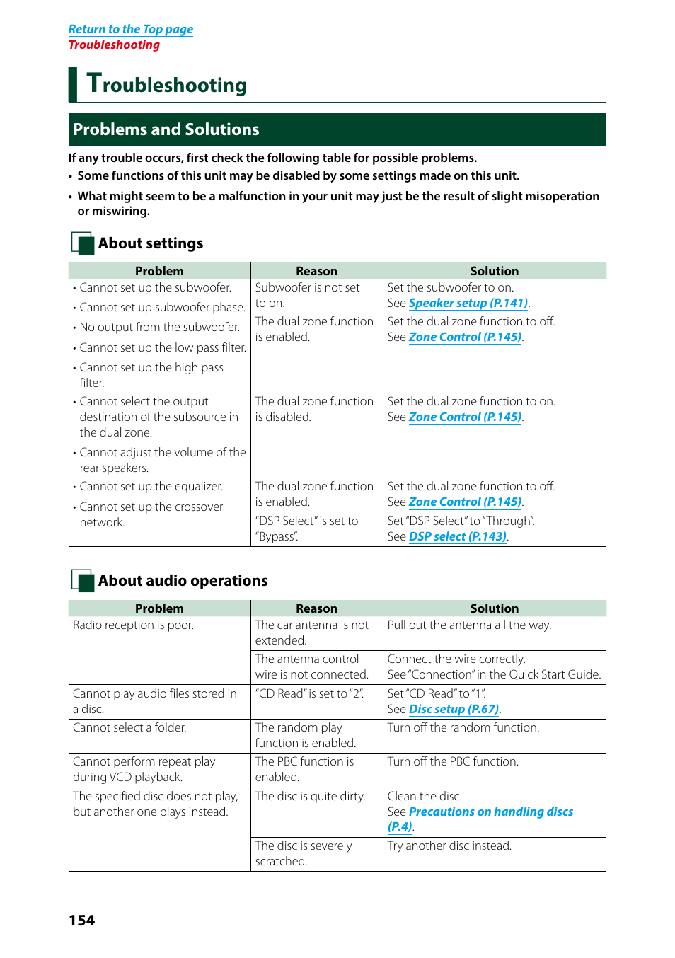 Troubleshooting, Problems and solutions, Troubleshooting 154 | Roubleshooting | Kenwood DNN991HD User Manual | Page 155 / 178