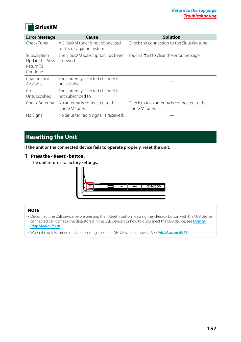 Resetting the unit, Essed, P.157) | Resetting the unit (p.157), Siriusxm | Kenwood DNN991HD User Manual | Page 158 / 178
