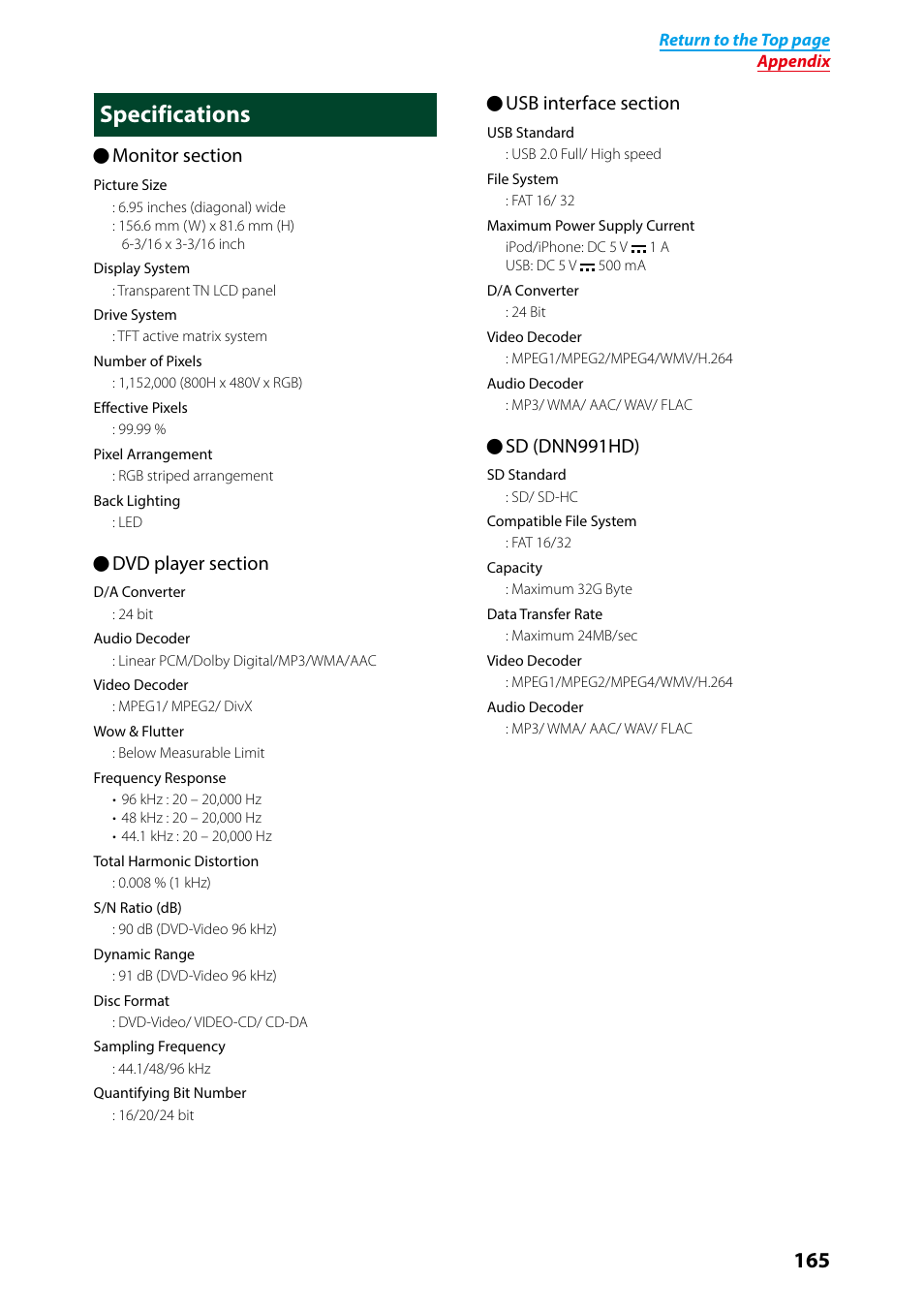 Specifications, Ösd (dnn991hd) | Kenwood DNN991HD User Manual | Page 166 / 178