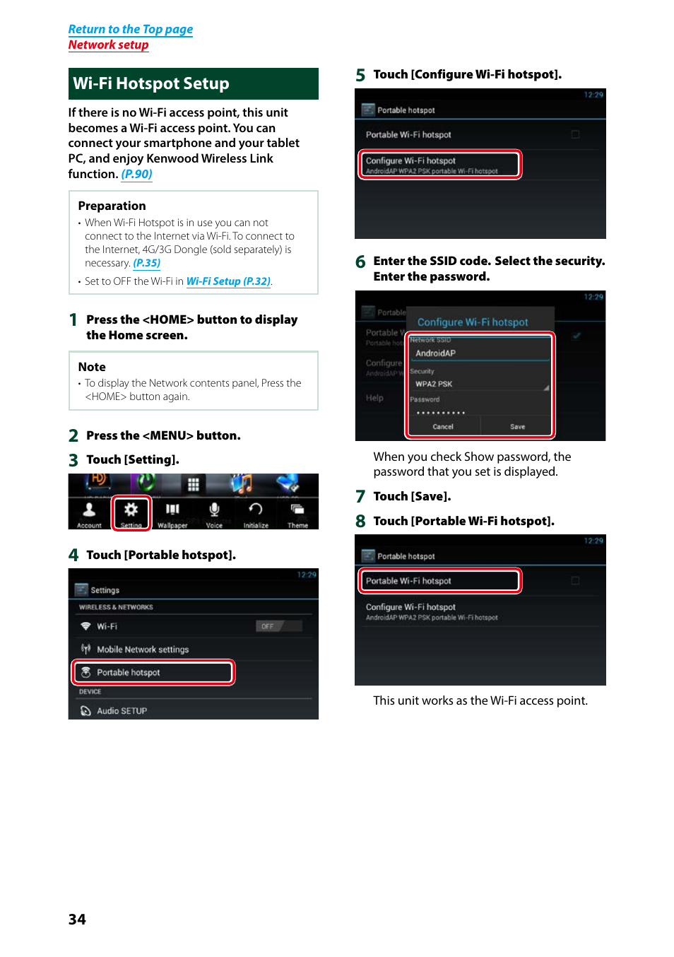Wi-fi hotspot setup, P.34), Wi-fi hotspot setup (p.34) | I hotspot in, Wi-fi hotspot, Setup (p.34), And 4g/3g d | Kenwood DNN991HD User Manual | Page 35 / 178