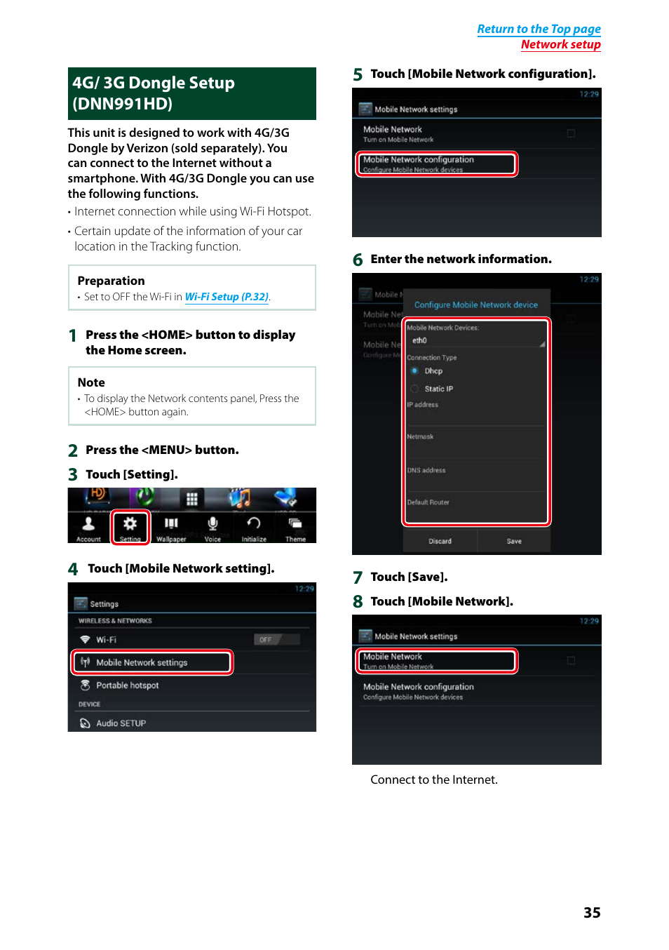 4g/ 3g dongle setup (dnn991hd), P.35), Or details on operation, see | 4g/ 3g dongle setup (p.35), Ongle in, 4g/ 3g, Dongle setup (p.35) | Kenwood DNN991HD User Manual | Page 36 / 178
