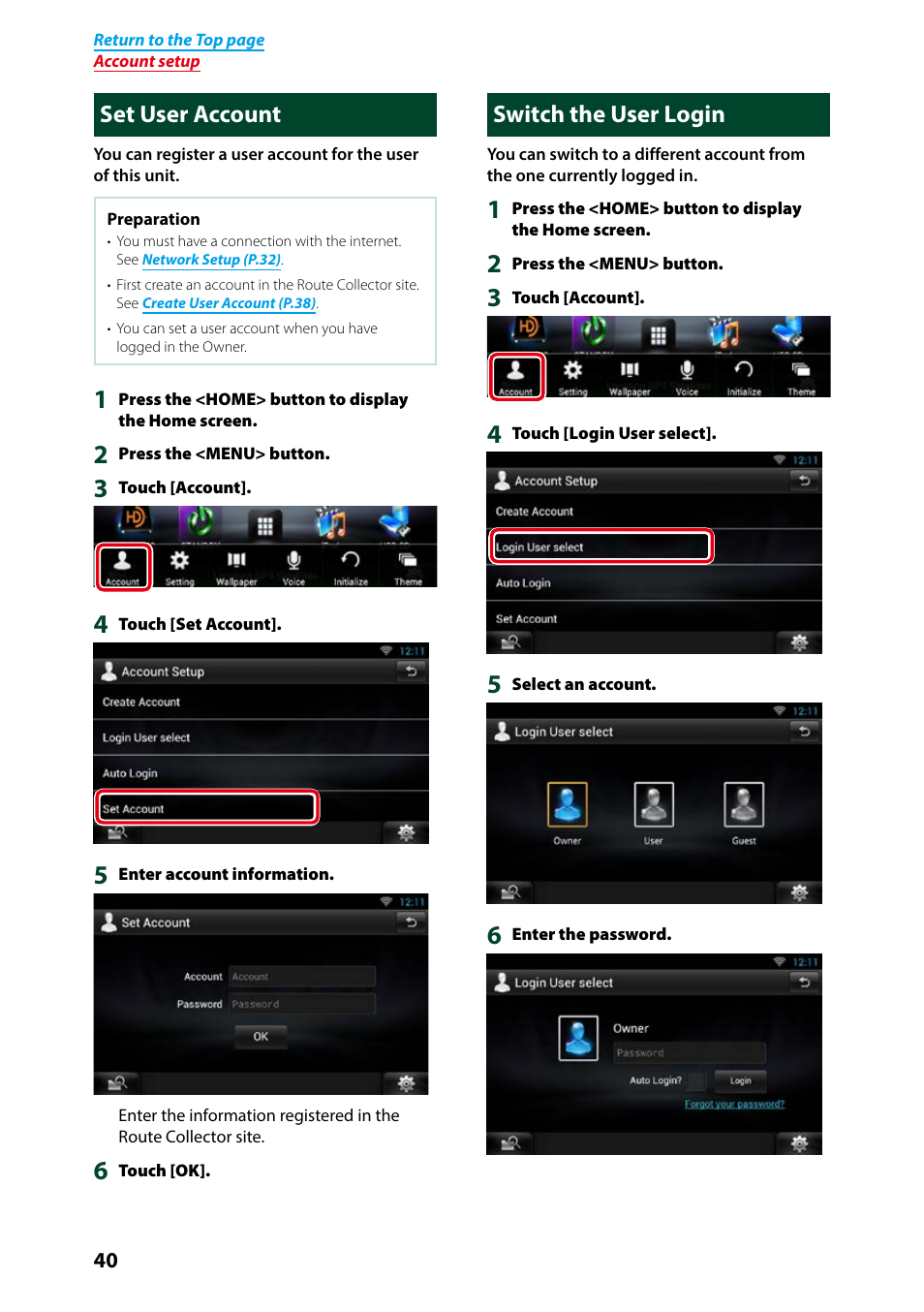 Set user account, Switch the user login, Set user account switch the user login | User account (p.40), Switch the user login (p.40) | Kenwood DNN991HD User Manual | Page 41 / 178