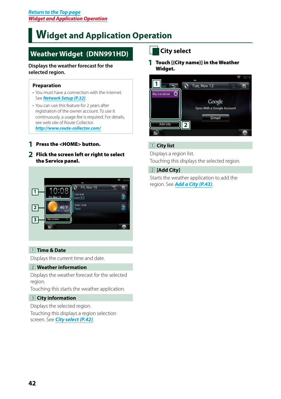 Widget and application operation, Weather widget (dnn991hd), Widget and application | Operation 42, Weather widget (p.42), Idget and application operation | Kenwood DNN991HD User Manual | Page 43 / 178