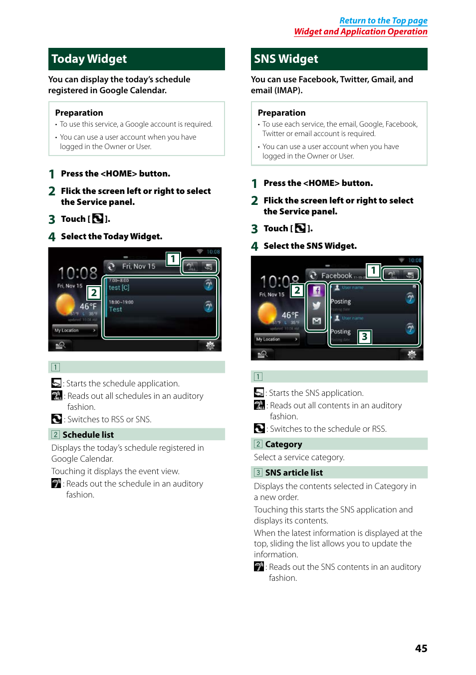 Today widget, Sns widget, Today widget sns widget | Today widget (p.45), P.45) | Kenwood DNN991HD User Manual | Page 46 / 178