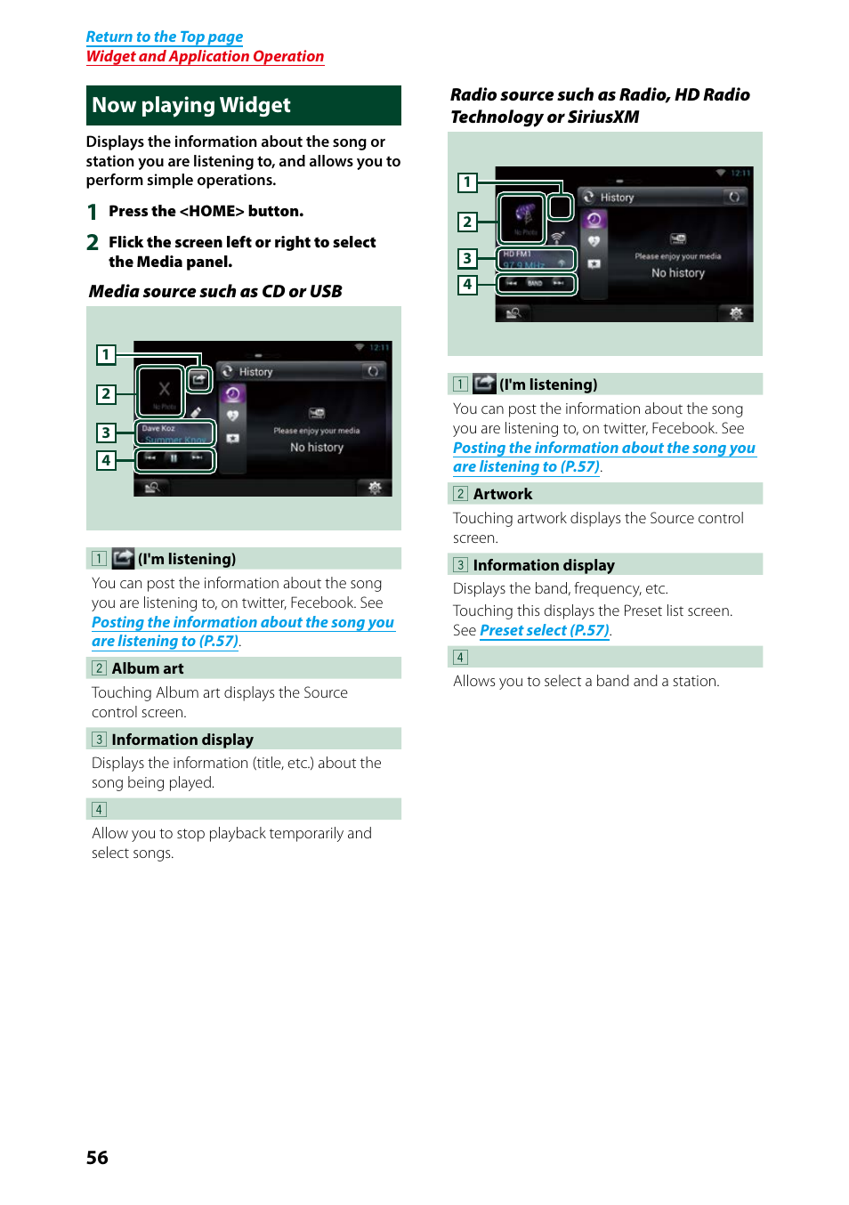 Now playing widget, Now playing widget (p.56) | Kenwood DNN991HD User Manual | Page 57 / 178