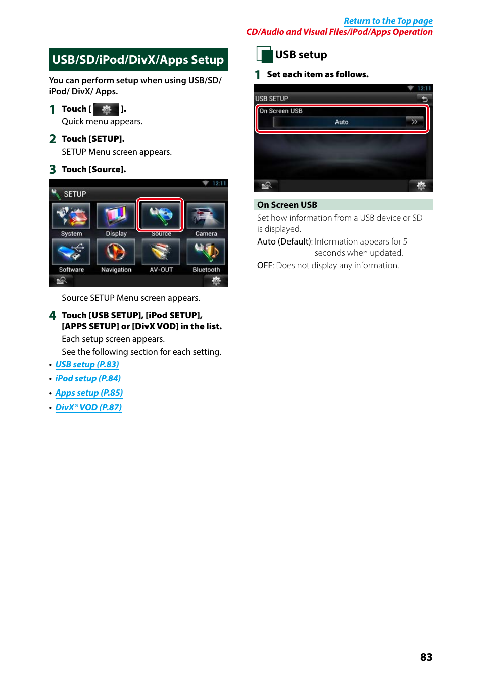 Usb/sd/ipod/divx/apps setup | Kenwood DNN991HD User Manual | Page 84 / 178