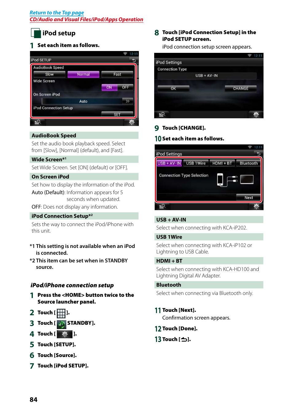 Ipod/iphone, Connection setup (p.84), Ipod setup (p.84) | Kenwood DNN991HD User Manual | Page 85 / 178
