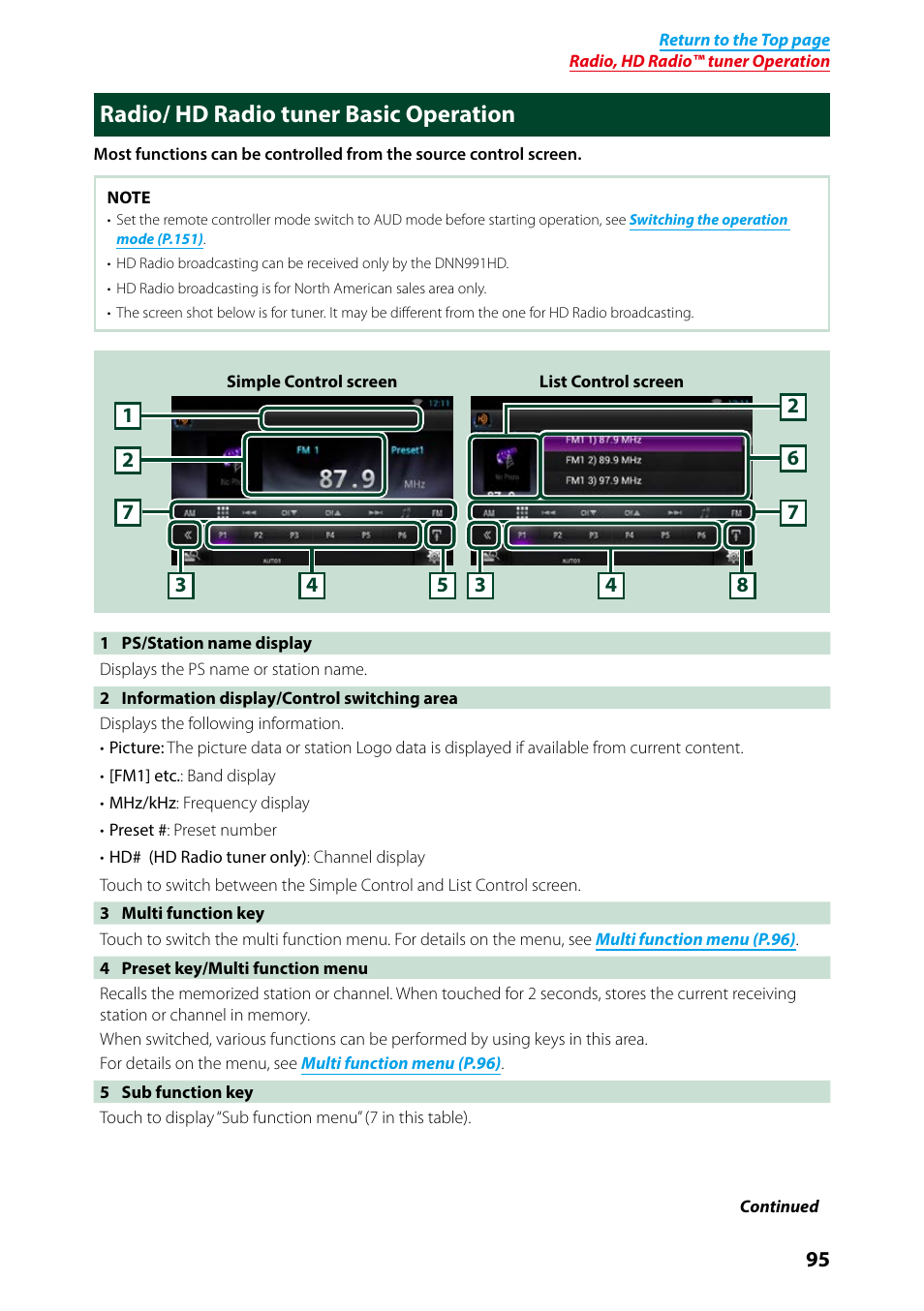 Radio/ hd radio tuner basic operation, Radio/ hd radio tuner basic operation _ 95 | Kenwood DNN991HD User Manual | Page 96 / 178