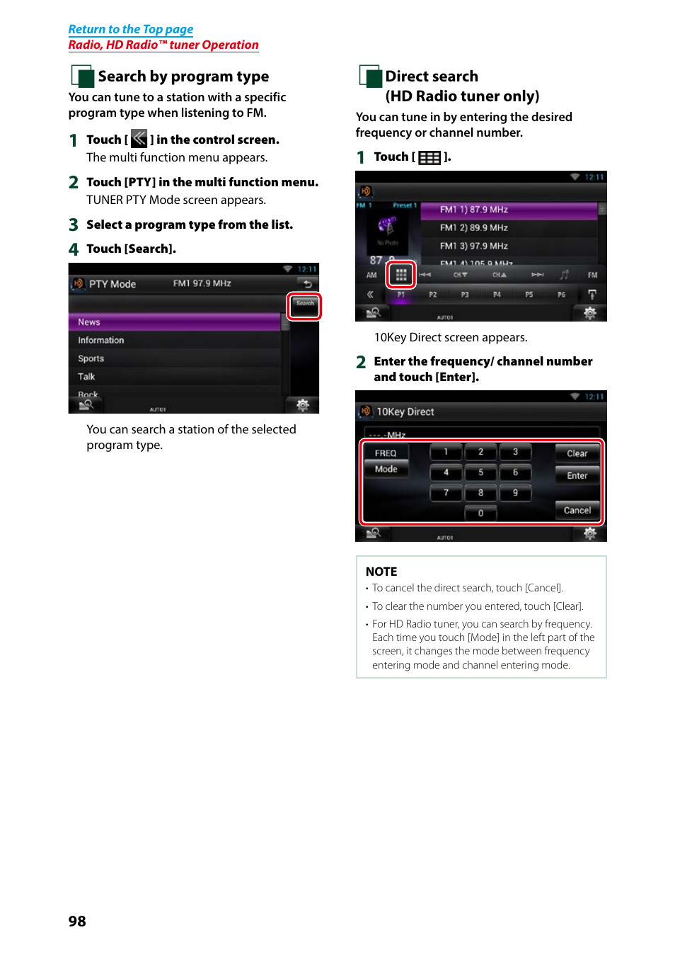 Direct search (p.98), Search by program type (p.98) | Kenwood DNN991HD User Manual | Page 99 / 178
