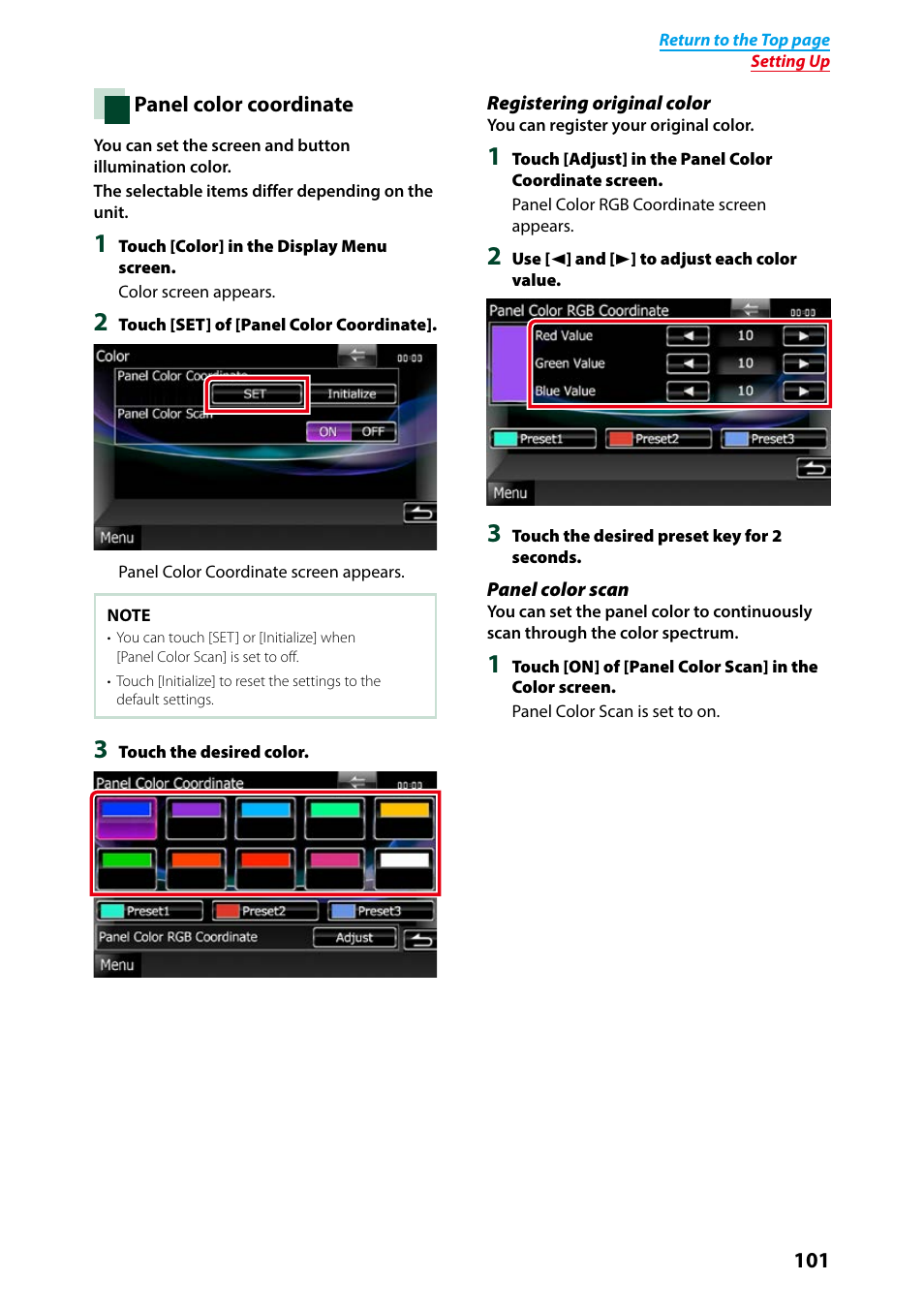Panel color coordinate (p.101), P.101) | Kenwood DNX691HD User Manual | Page 102 / 145