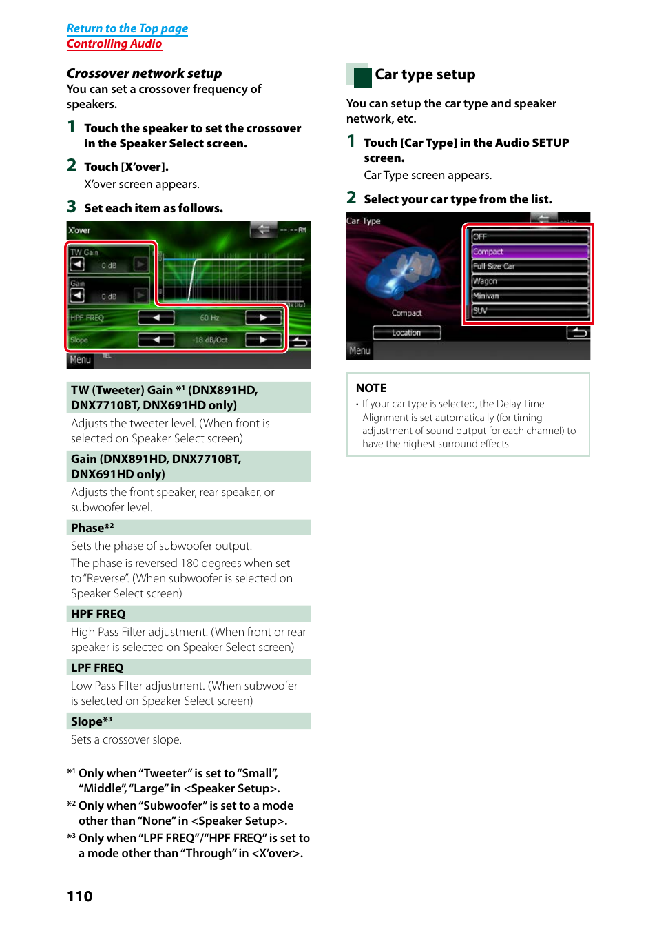 P.110), Crossover network setup, Car type setup | Kenwood DNX691HD User Manual | Page 111 / 145