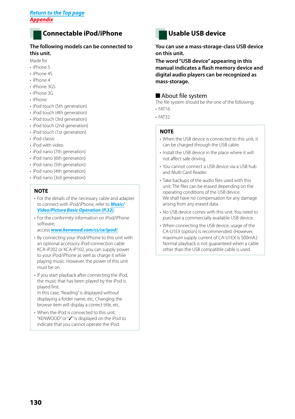 Connectable ipod/iphone (p.130), Connectable ipod/iphone, Usable usb device | Kenwood DNX691HD User Manual | Page 131 / 145
