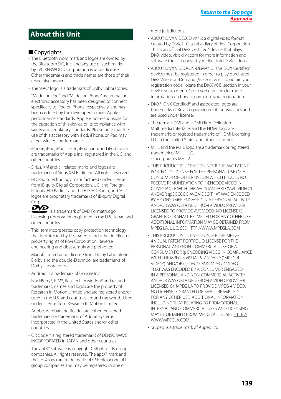 About this unit, Copyrights | Kenwood DNX691HD User Manual | Page 140 / 145