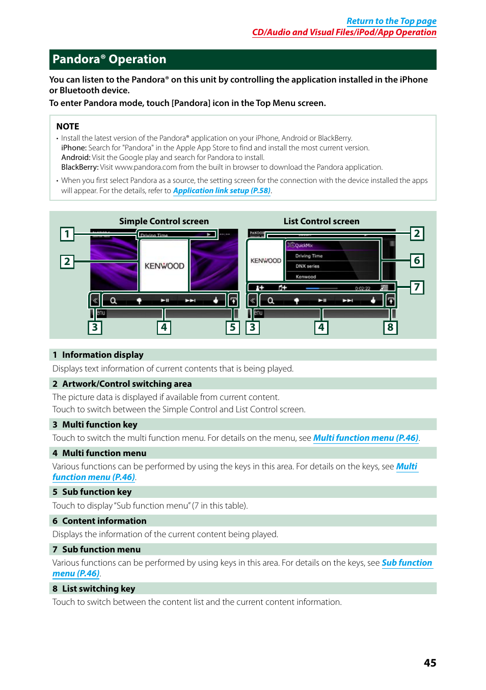 Pandora® operation, P.45) | Kenwood DNX691HD User Manual | Page 46 / 145