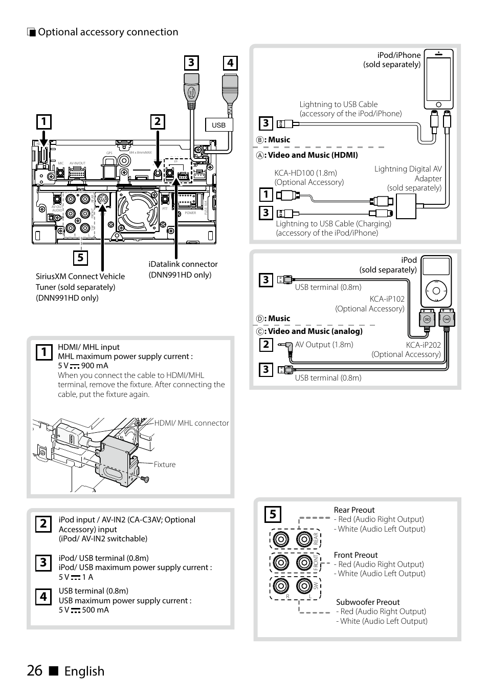 Ñ english, Ñ optional accessory connection | Kenwood DNN991HD User Manual | Page 26 / 68