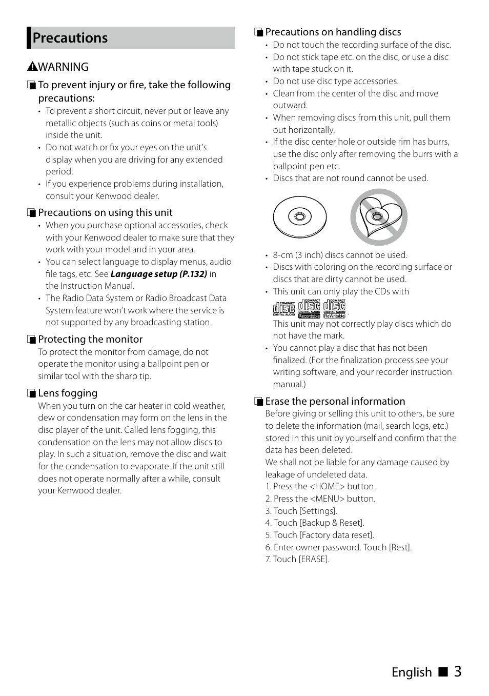 Precautions, English ñ | Kenwood DNN991HD User Manual | Page 3 / 68
