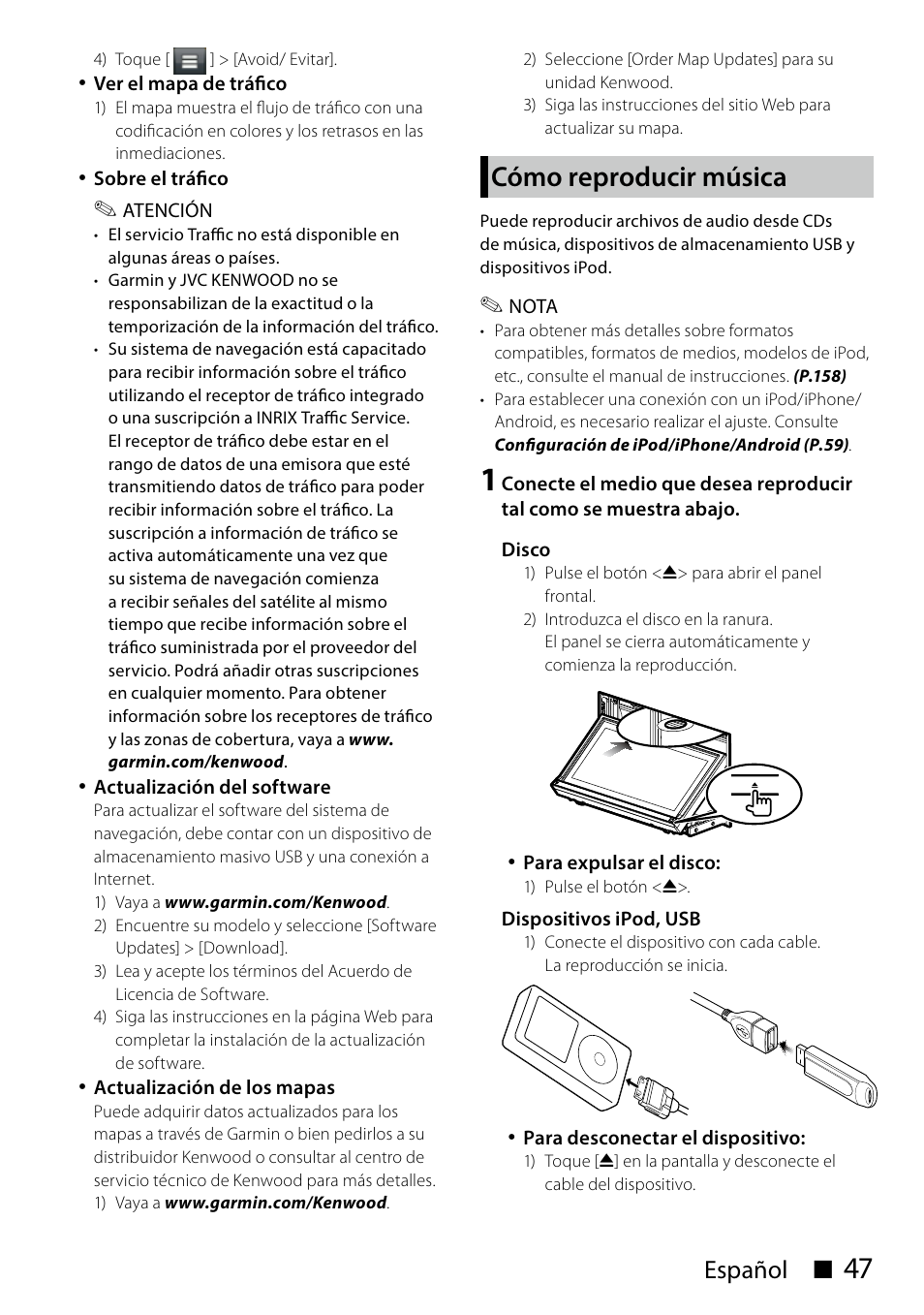 Cómo reproducir música, Español ñ | Kenwood DNN991HD User Manual | Page 47 / 68