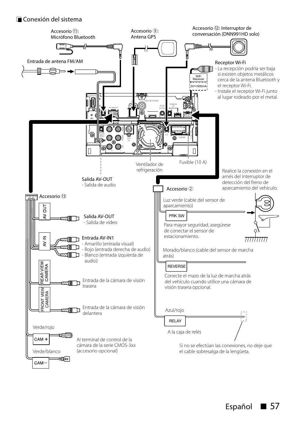 Español с, С conexión del sistema | Kenwood DNN991HD User Manual | Page 57 / 68