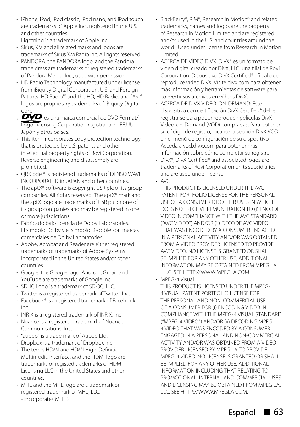 Español ñ | Kenwood DNN991HD User Manual | Page 63 / 68