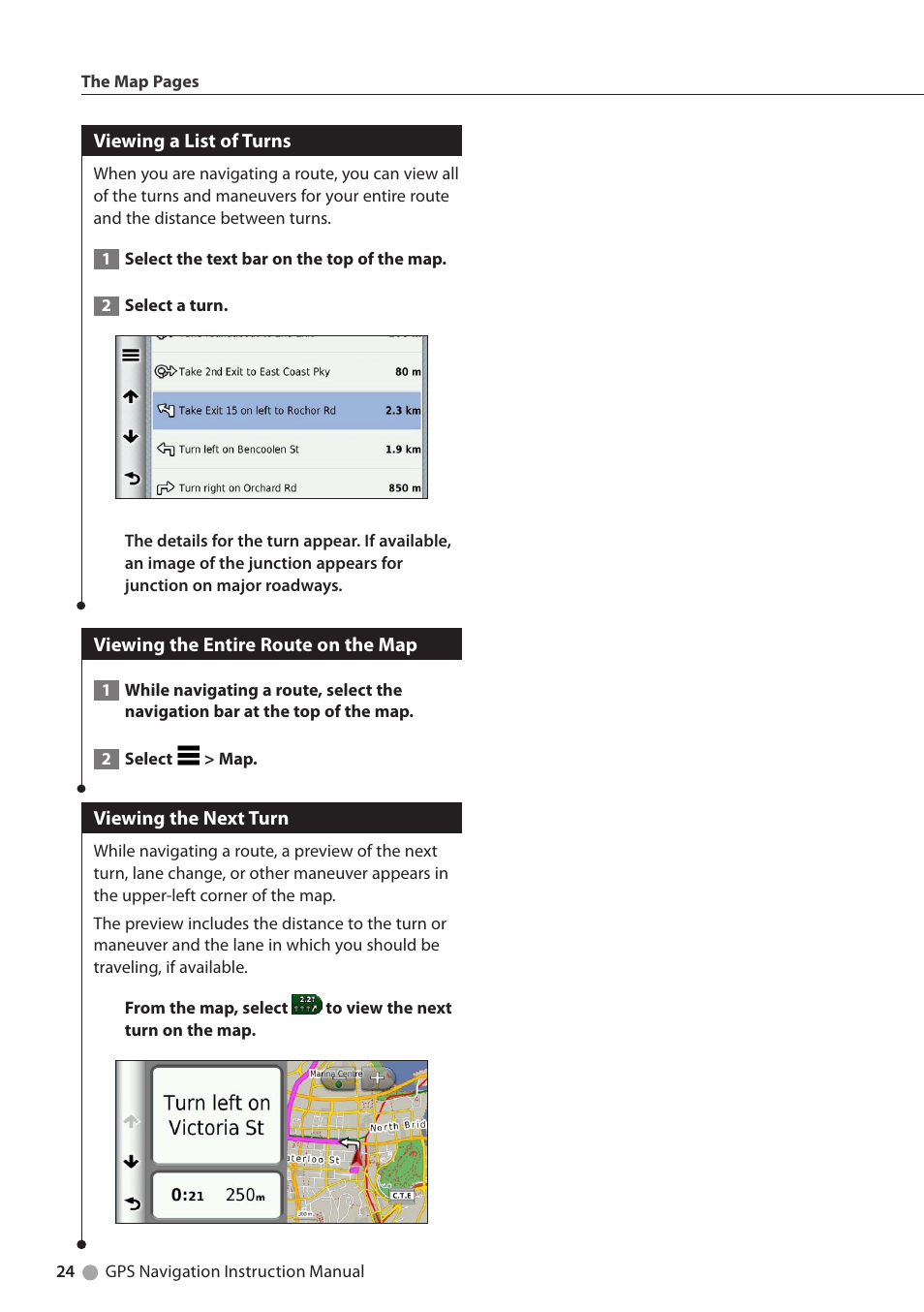 Viewing a list of turns, Viewing the entire route on the map, Viewing the next turn | Kenwood DNX891HD User Manual | Page 24 / 37