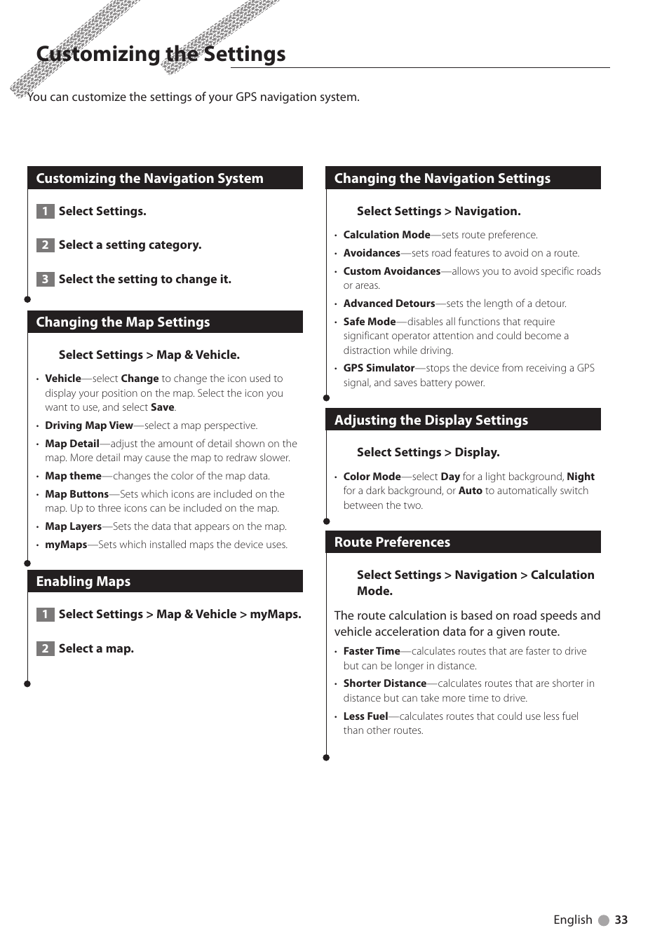 Customizing the settings, Customizing the navigation system, Changing the map settings | Enabling maps, Changing the navigation settings, Adjusting the display settings, Route preferences | Kenwood DNX891HD User Manual | Page 33 / 37