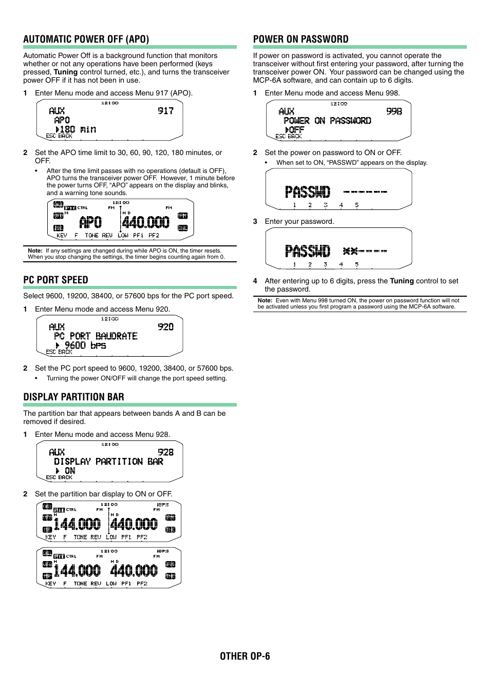 Other op-6 automatic power off (apo), Pc port speed, Display partition bar | Power on password | Kenwood TM-D710GA User Manual | Page 33 / 77