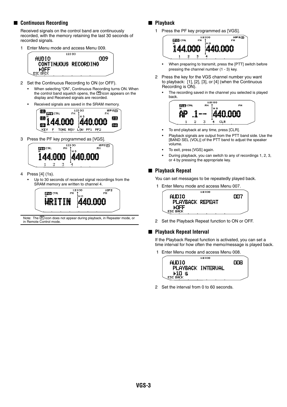 Vgs-3, Continuous recording, Playback | Playback repeat, Playback repeat interval | Kenwood TM-D710GA User Manual | Page 71 / 77