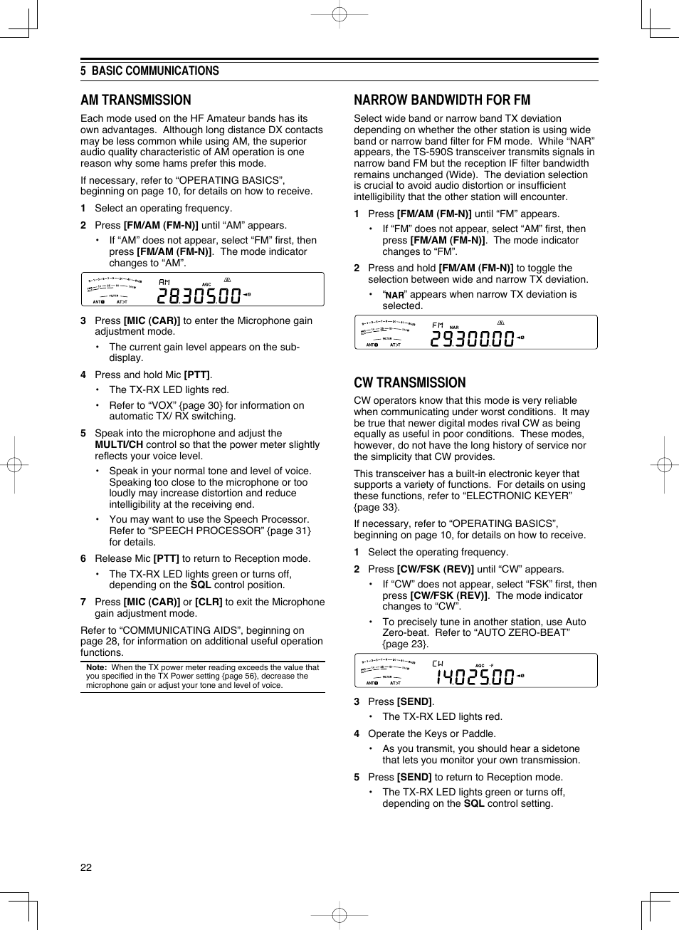 Am transmission, Narrow bandwidth for fm, Cw transmission | Kenwood TS-590S User Manual | Page 30 / 92