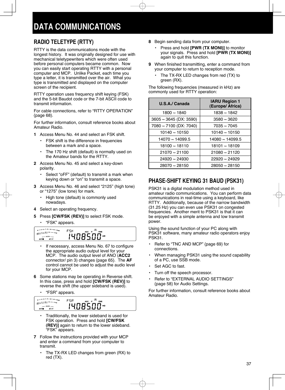 37 data communications.indd.pdf, Data communications, Radio teletype (rtty) | Phase-shift keying 31 baud (psk31) | Kenwood TS-590S User Manual | Page 45 / 92