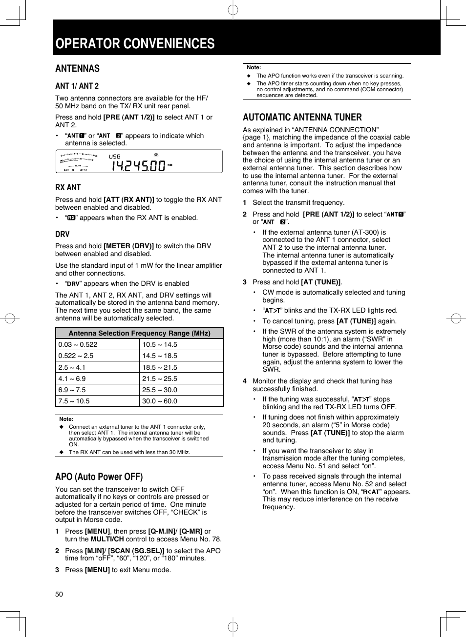 64 operator conveniences.indd.pdf, Operator conveniences, Automatic antenna tuner | Antennas, Apo (auto power off) | Kenwood TS-590S User Manual | Page 58 / 92