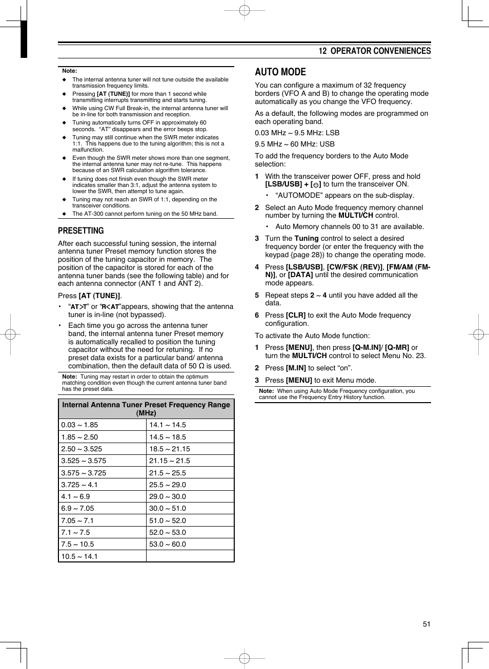 Auto mode, 12 operator conveniences, Presetting | Kenwood TS-590S User Manual | Page 59 / 92