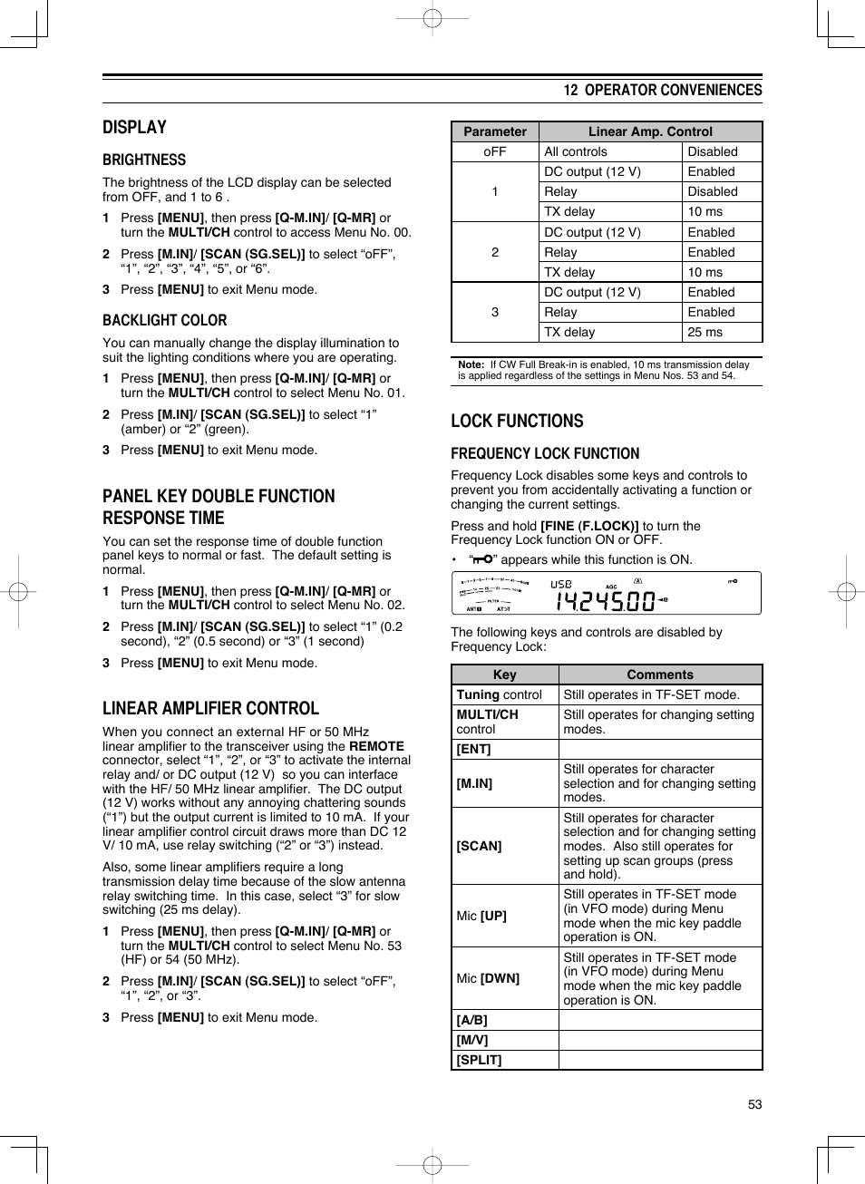 Display, Panel key double function response time, Linear amplifier control | Lock functions | Kenwood TS-590S User Manual | Page 61 / 92