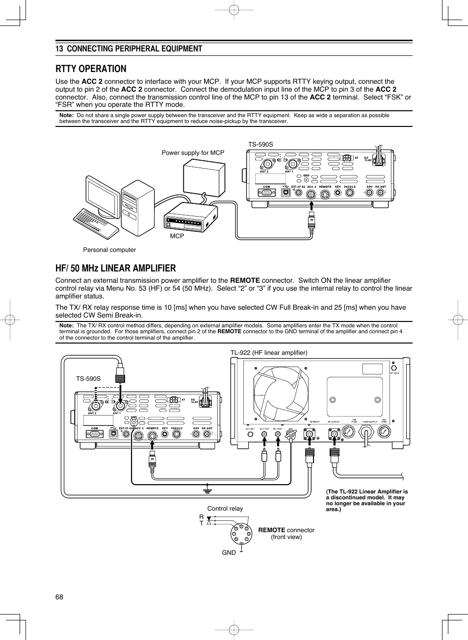 Rtty operation, Hf/ 50 mhz linear amplifier, 13 connecting peripheral equipment | Kenwood TS-590S User Manual | Page 76 / 92