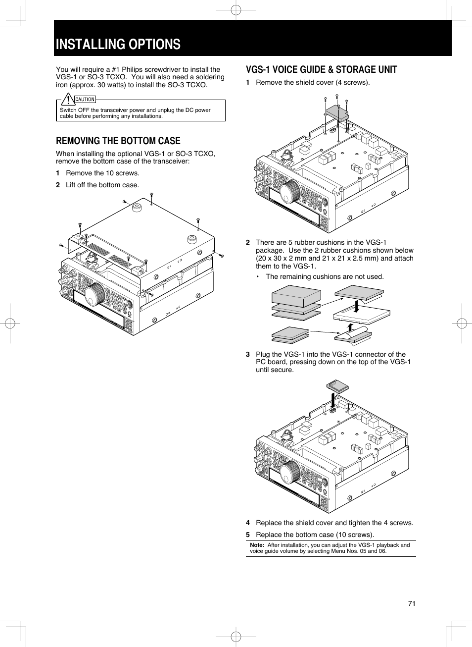 73 installing options.indd.pdf, Installing options, Removing the bottom case | Vgs-1 voice guide & storage unit | Kenwood TS-590S User Manual | Page 79 / 92