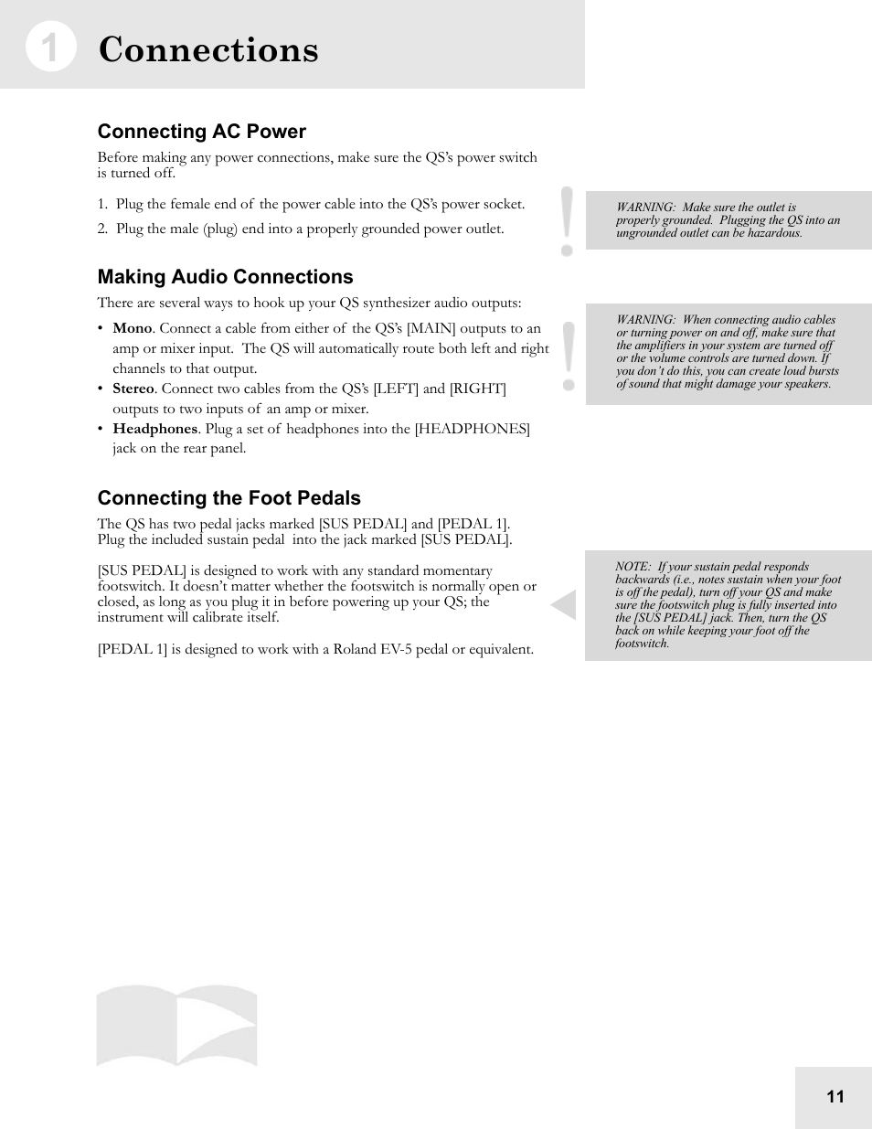 Connections, Connecting ac power, Making audio connections | Connecting the foot pedals | ALESIS QS6.2 User Manual | Page 13 / 105