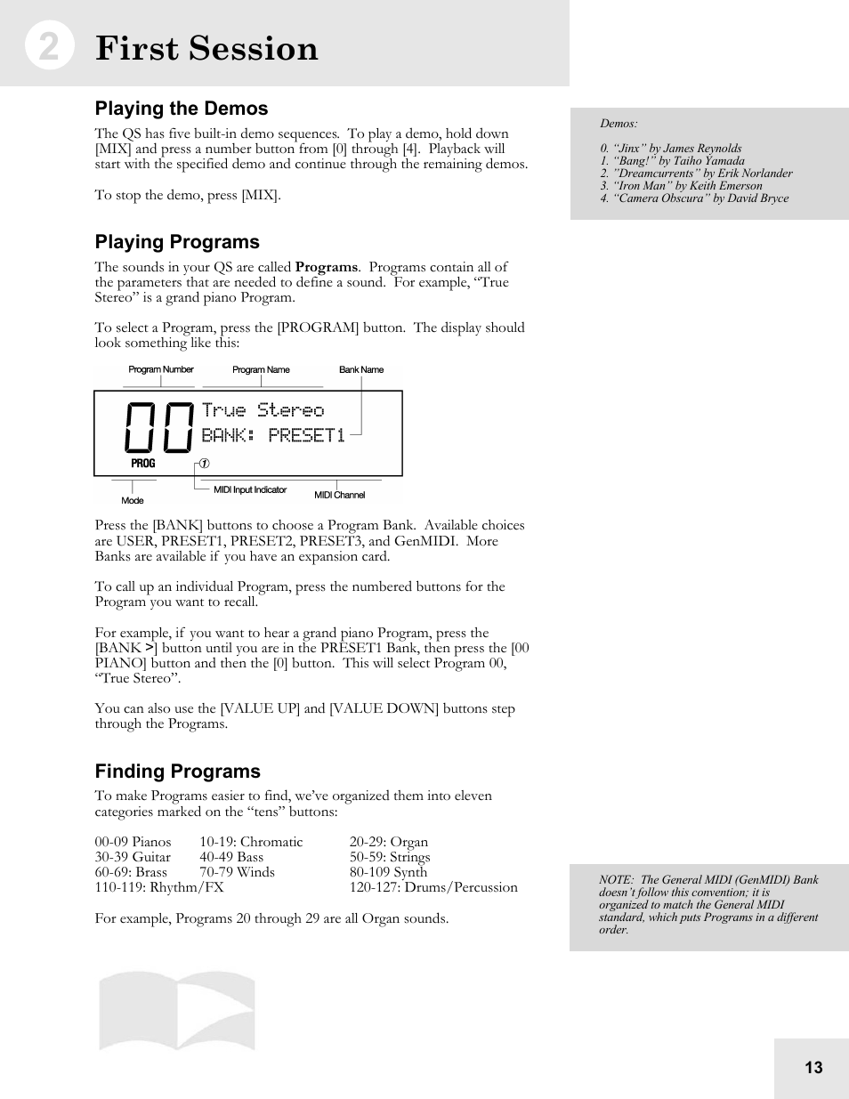 First session, Playing the demos, Playing programs | Finding programs | ALESIS QS6.2 User Manual | Page 15 / 105