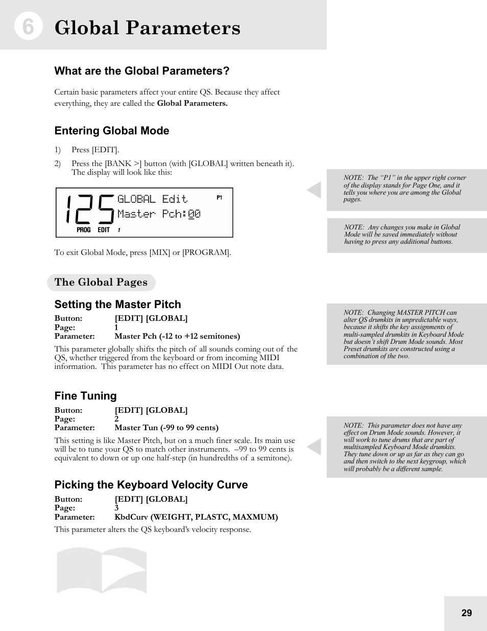 Global parameters, What are the global parameters, Entering global mode | Setting the master pitch, Fine tuning, Picking the keyboard velocity curve | ALESIS QS6.2 User Manual | Page 31 / 105